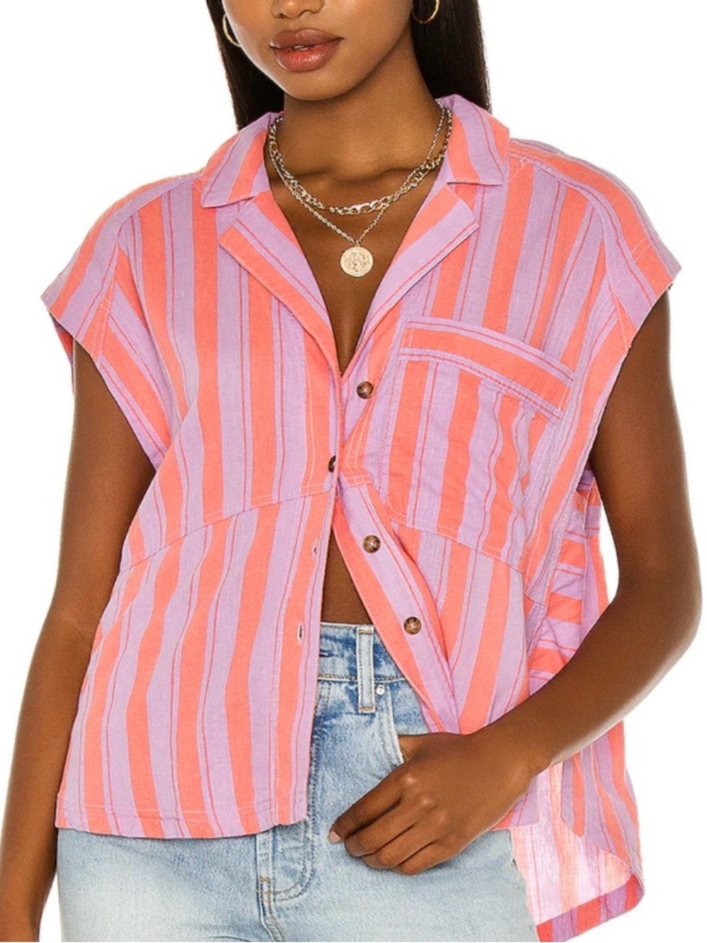 Free People Play It Cool Striped Linen Shirt Sorbet Combo Small NWT